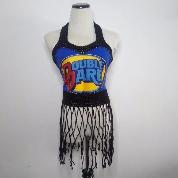 Sexy Boho Handmade DOUBLE DARE Royal Blue Cropped Halter Top w/ Fringes - Picture 1 of 7